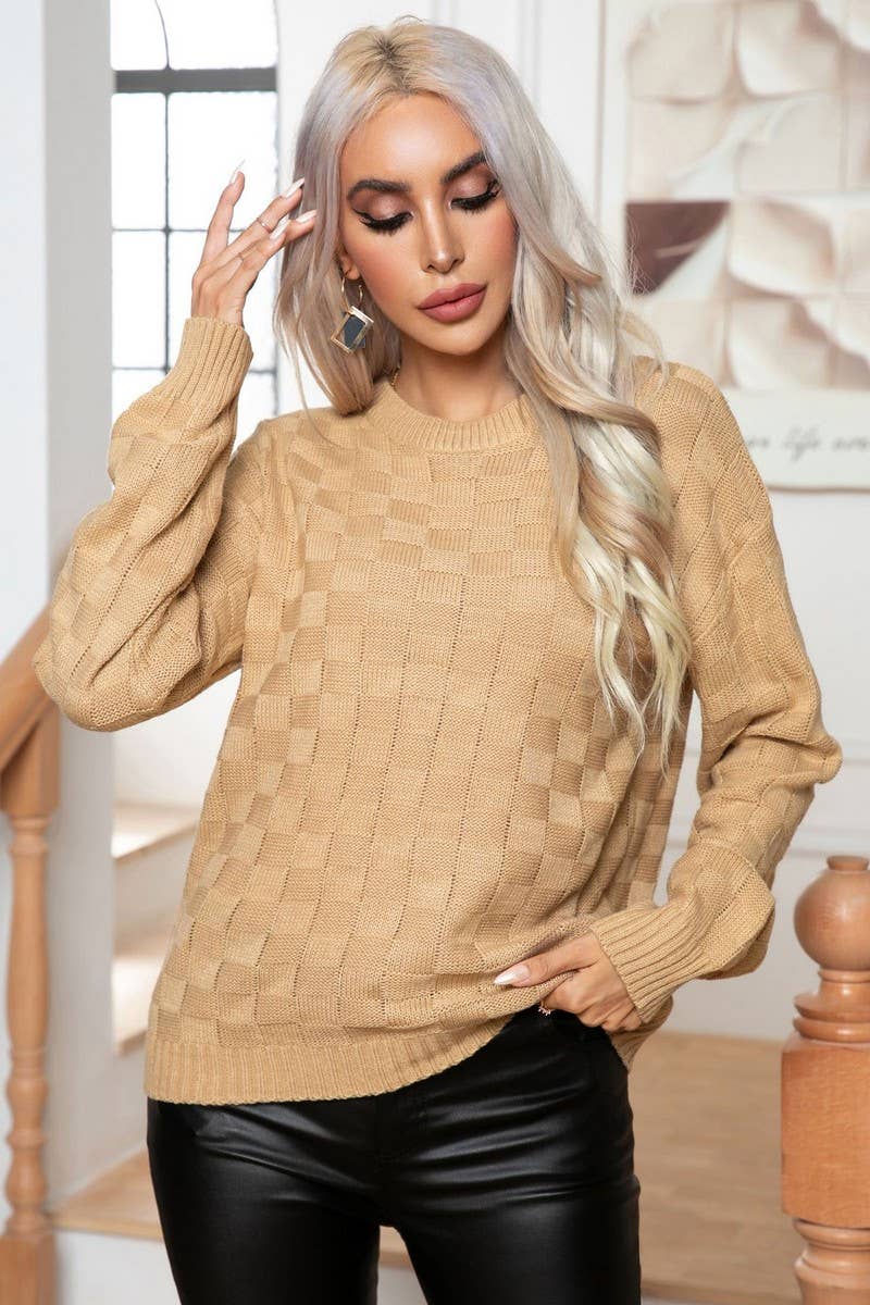 CWOSWL3874_3D PLAID LONG SLEEVE KNITTED PULLOVER SWEATER