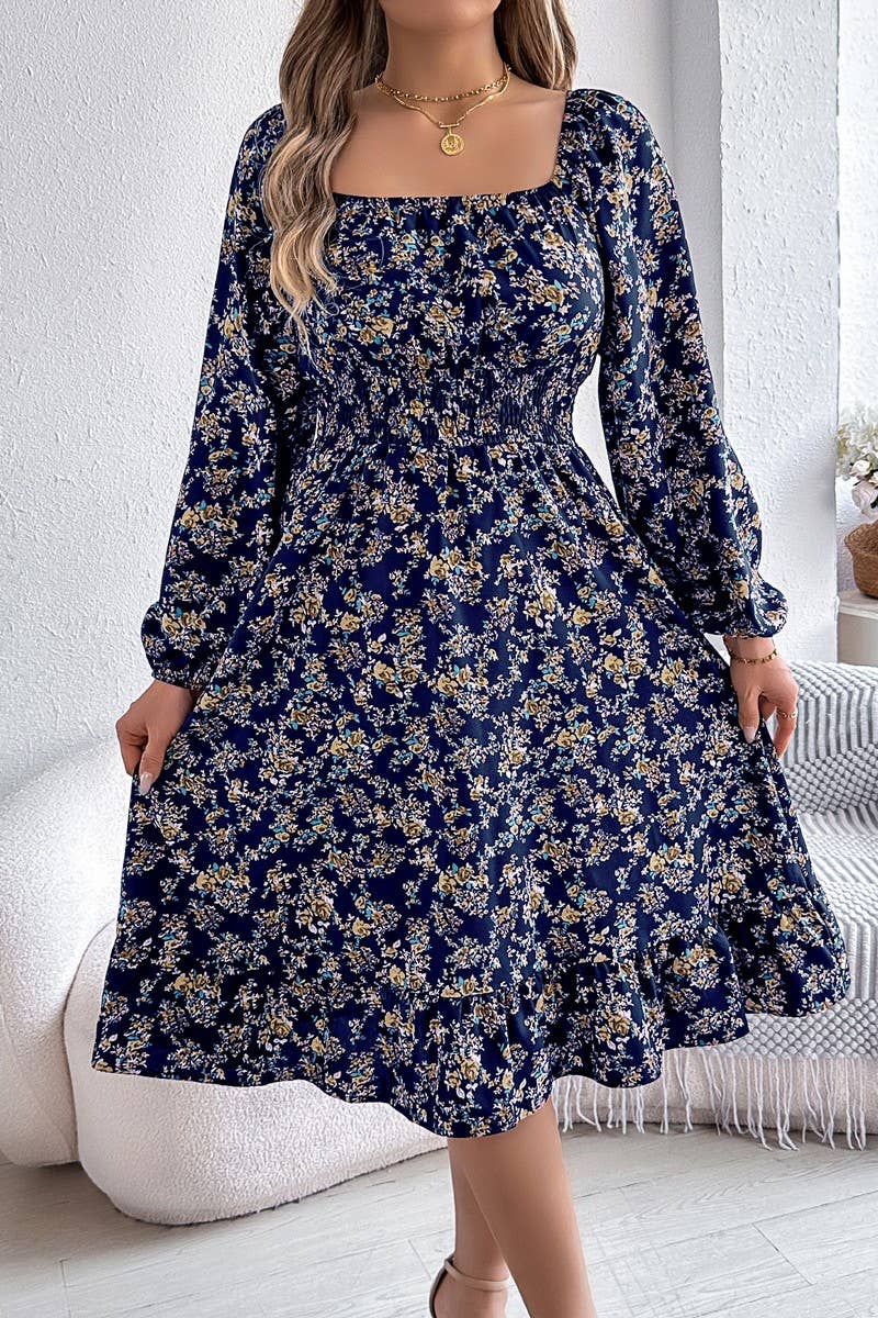 CWDMD6025_FLORAL SQUARE NECK LONG SLEEVE RUFFLE DRESS