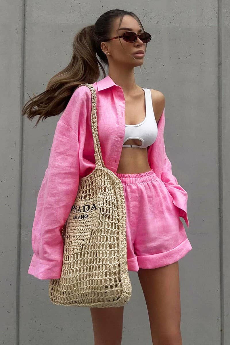 CWSTB00383_COTTON CARDIGAN LONG SLEEVE SHORTS SET