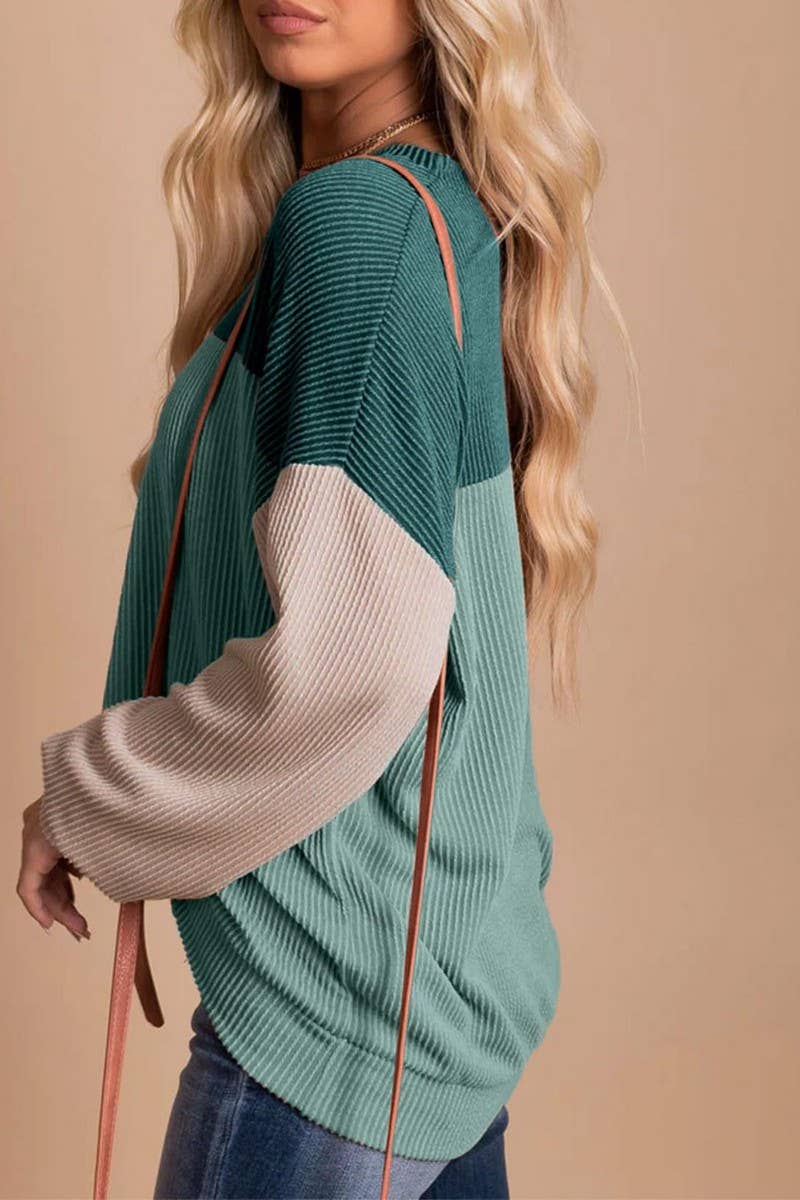 CWTBLL1828_ROUND NECK TWISTED STRIPE COLOR BLOCK LOOSE TOP