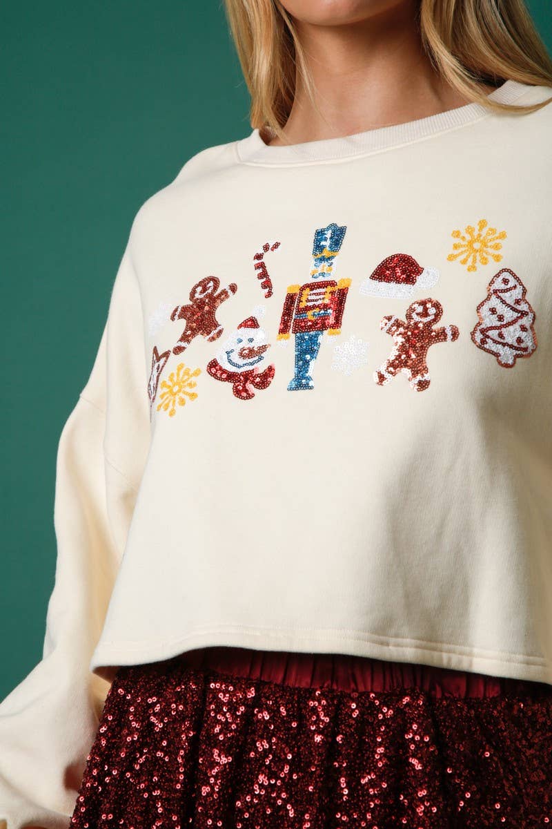 CWTBLL01266_CHRISTMAS SEQUINED CASUAL CROPPED SWEATSHIRT