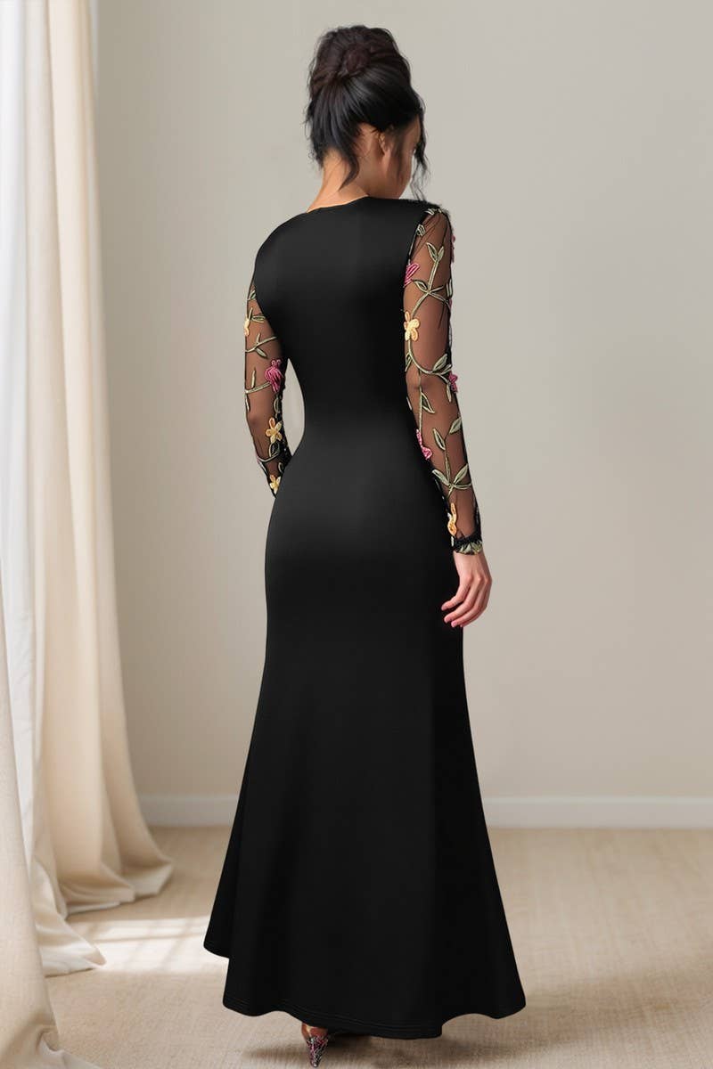 CWDMD6301_VINTAGE MESH EMBROIDERED LONG SLEEVE DRESS