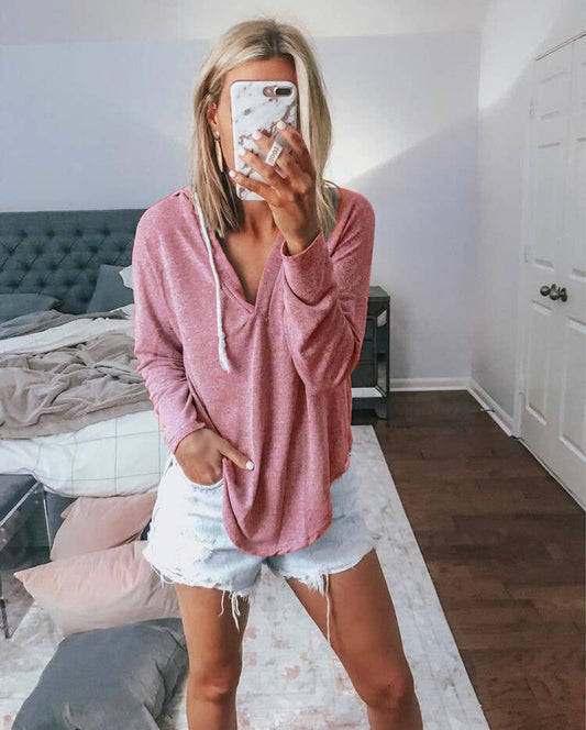CASUAL SOLID COLOR LONG-SLEEVED HOODED JUMPER