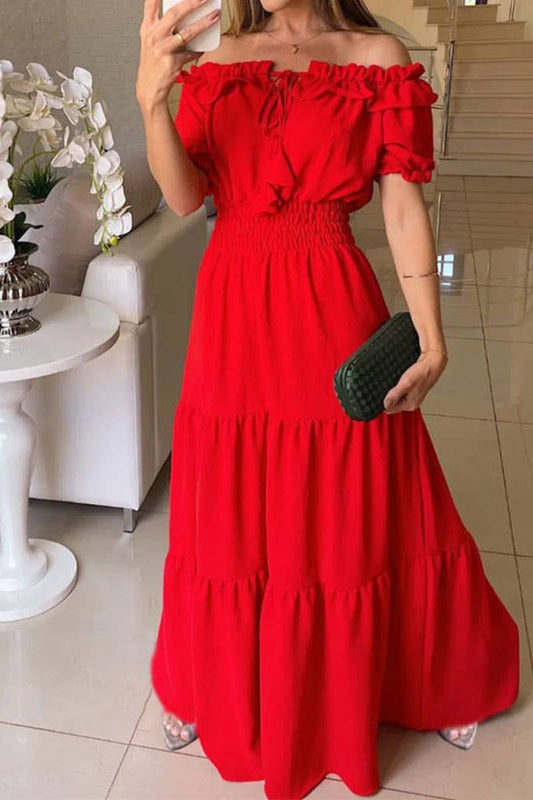 CWDMD1904_V-NECK, SHORT-SLEEVED BOHEMIAN DRESS WITH WAIST