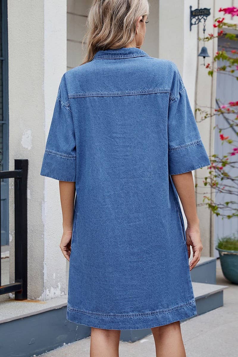 CWDSD10898_CASUAL WASHED V NECK SHORT SLEEVE DENIM DRESS