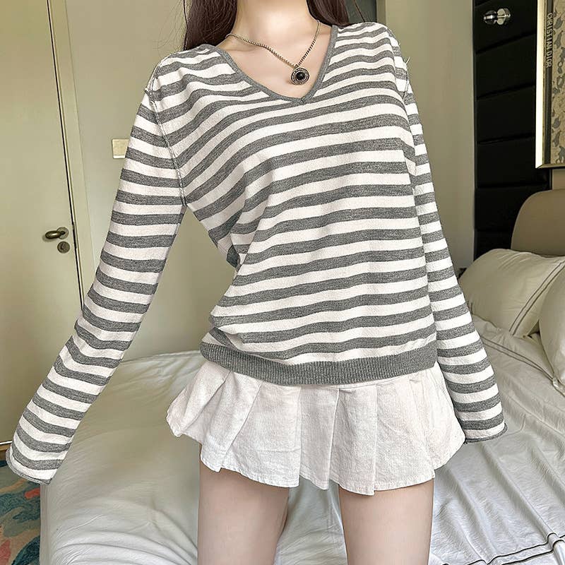 CASUAL V-NECK STRIPED PATCHWORK KNITWEAR FOR HOME