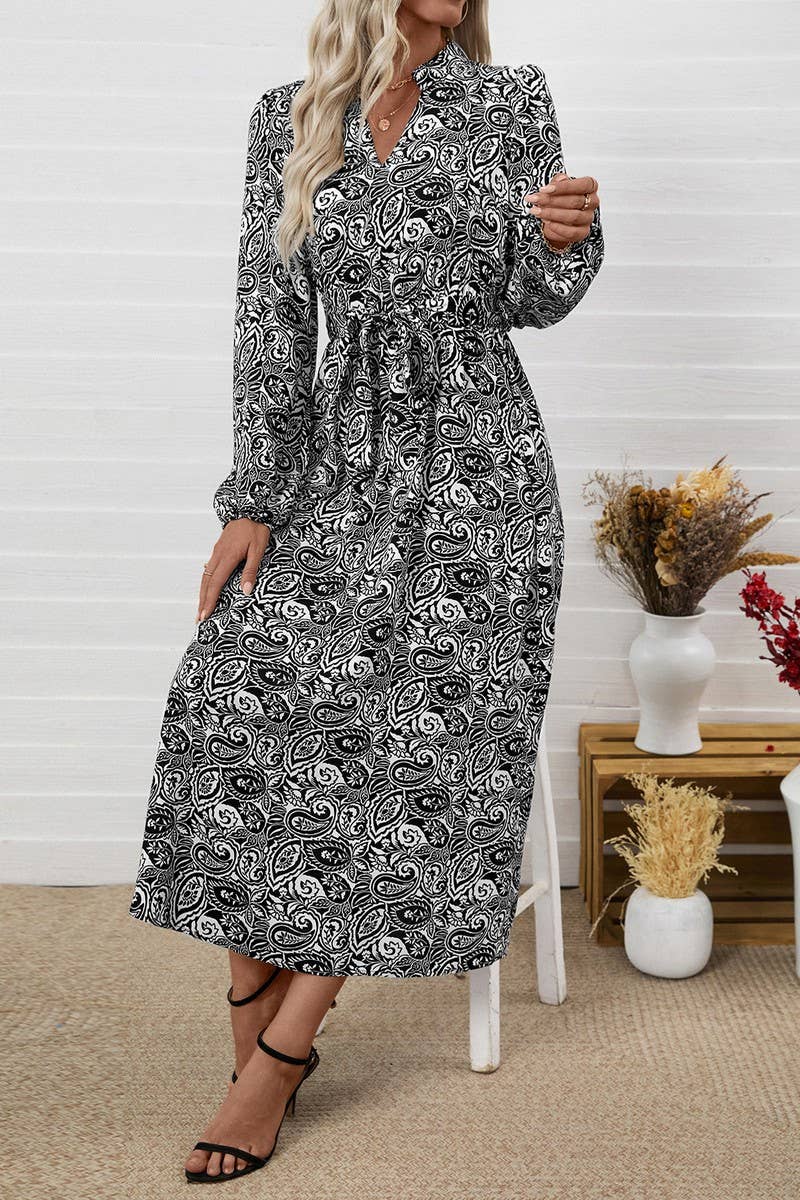 CWDMD6295_ELEGANT V-NECK ETHNIC PRINT LONG SLEEVE DRESS