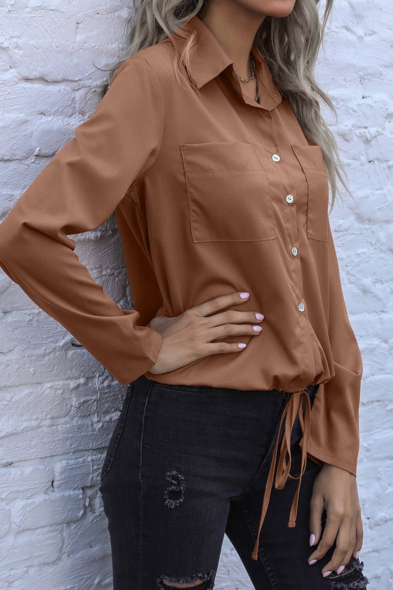 CWTSTL00958_LAPEL DRAWSTRING LONG SLEEVE SOLID SHIRT