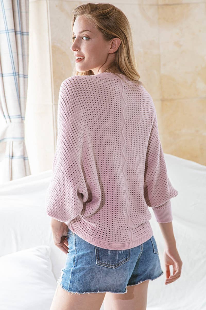 CWOSWL6652_SOLID COLOR HOLLOW LONG-SLEEVED SWEATER