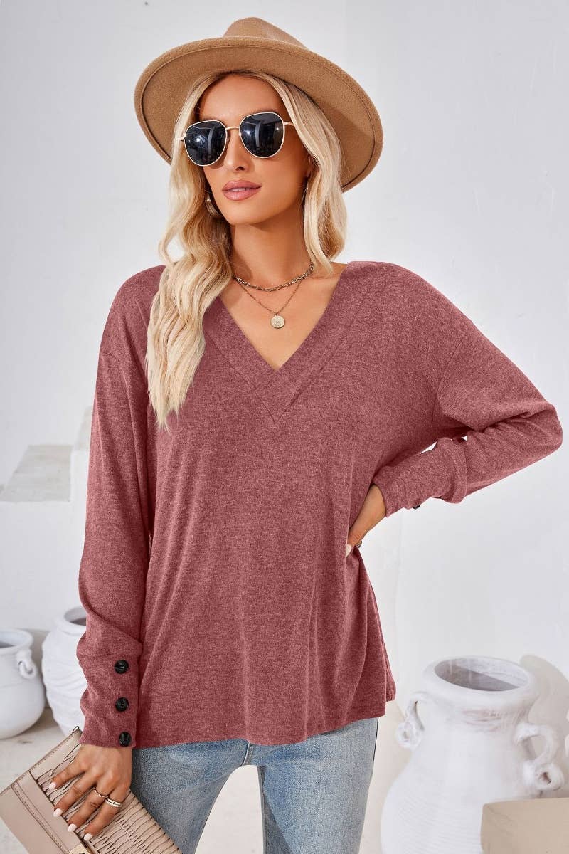 CWTBLL2693_WINTER V-NECK LONG SLEEVE BUTTON-UP TOP