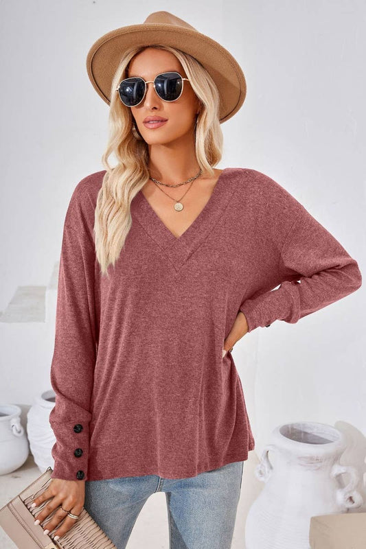 CWTBLL2693_WINTER V-NECK LONG SLEEVE BUTTON-UP TOP