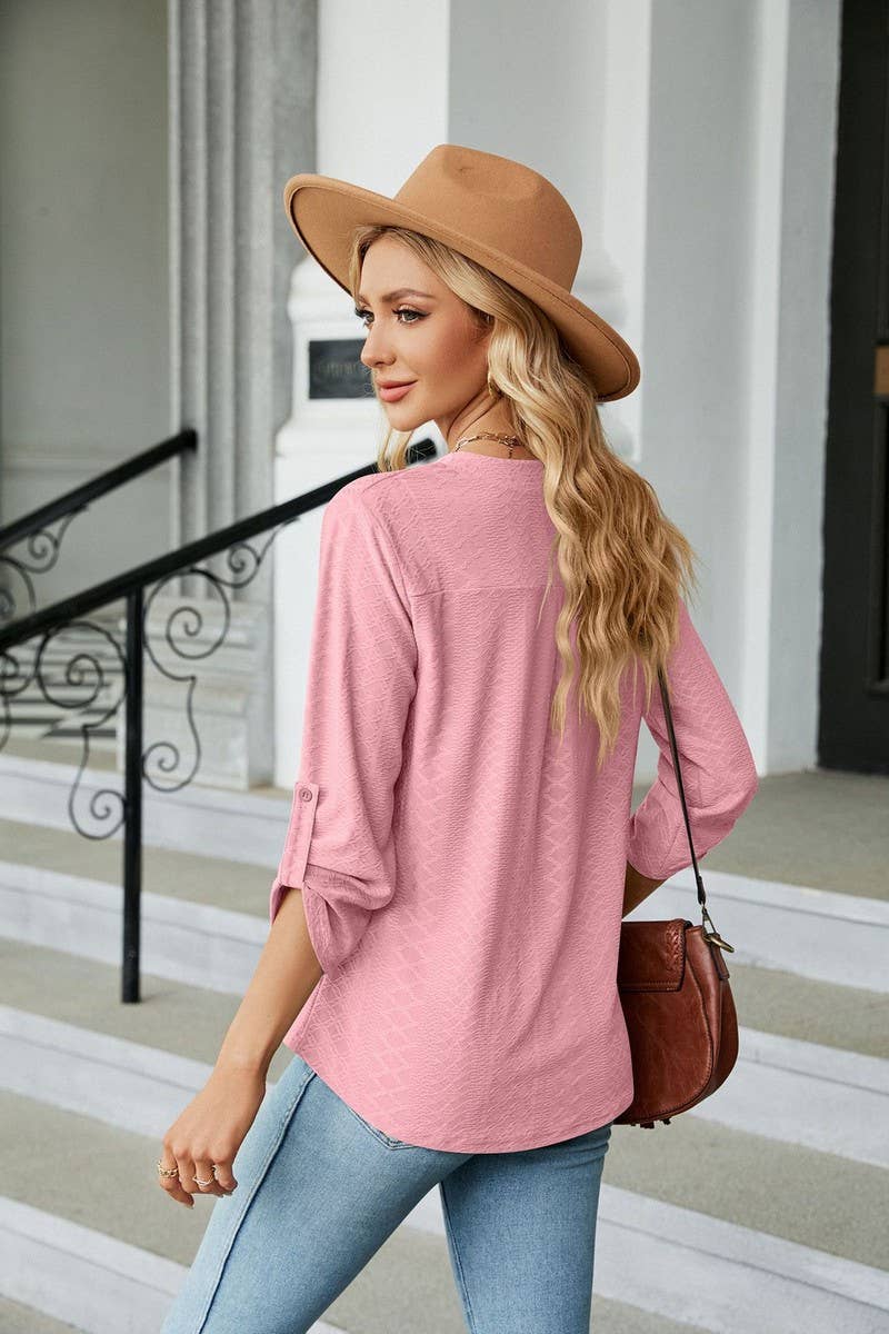 CWTBLL0884_V-NECK BUTTON-DOWN LONG-SLEEVED LOOSE TOP
