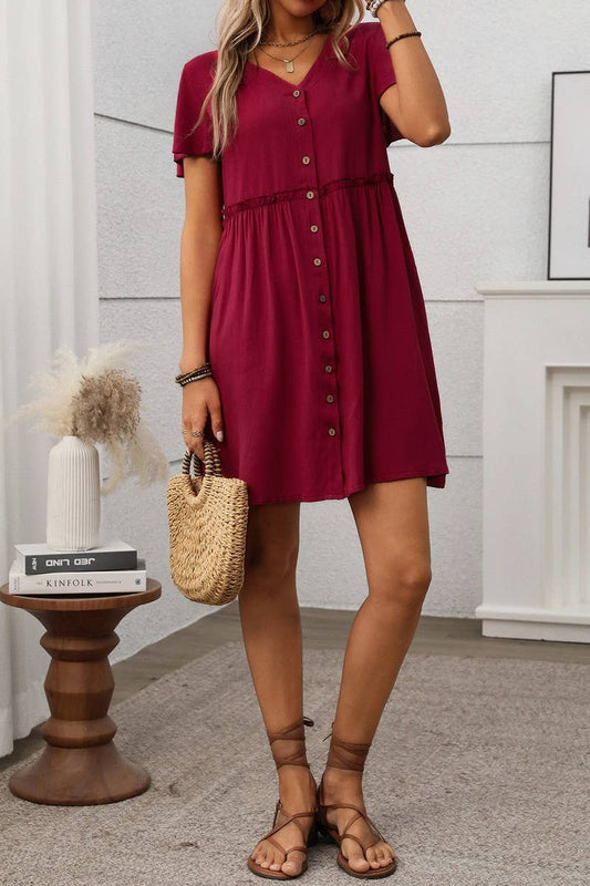 CWDSD7262_BOHEMIAN V-NECK SHORT-SLEEVED RUFFLE DRESS