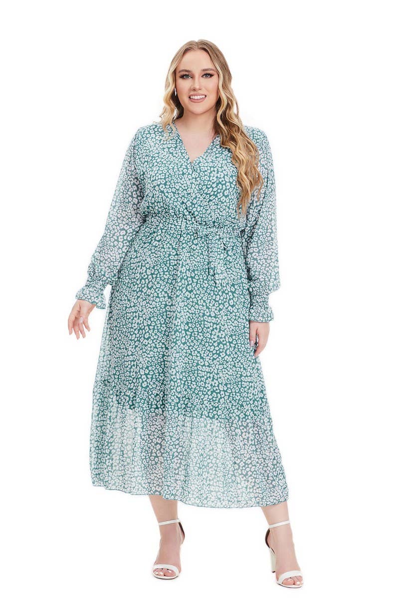 CWDMD3240_PLUS SIZE V NECK LONG SLEEVE FLORAL DRESS