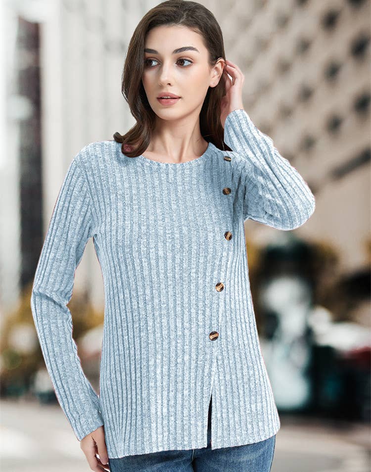 CREW-NECK SOLID COLOR PIT STRIPE BUTTON KNIT