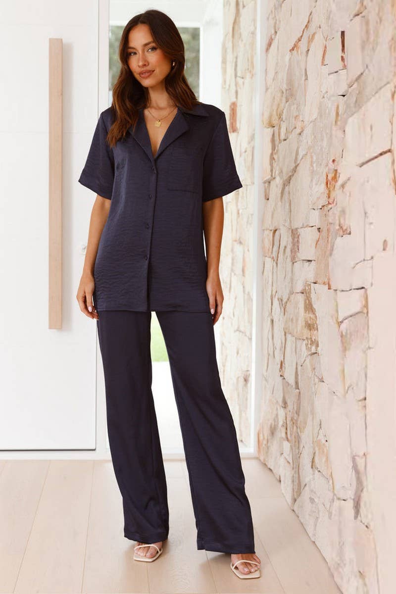 CWSPJ0432_SOLID LAPEL SHORT SLEEVE PAJAMA SET WITH PANTS