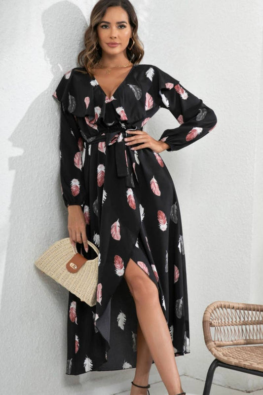 CWDMD3955_V-NECK FEATHER LONG-SLEEVED SLIT DRESS