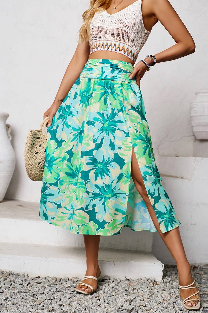 CWBMS0432_FLORAL RUCHED CASUAL SUMMER MIDI SKIRT