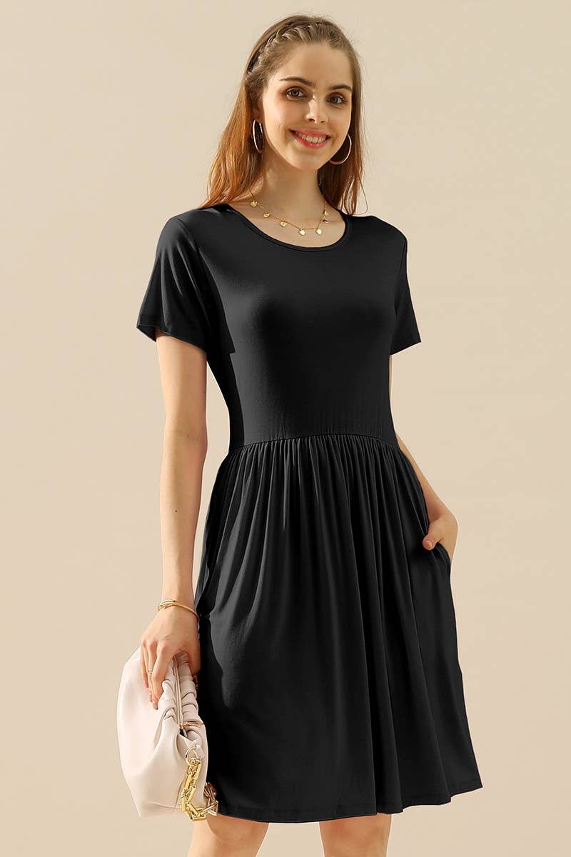CWDSD10374_CREWNECK SHIRRED FLOWY SWING SHORT SLEEVE DRESSES