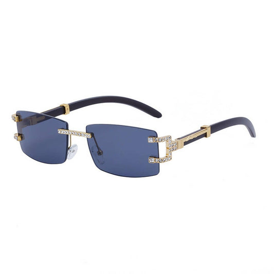 VINTAGE FAUX WOOD FRAMELESS DIAMOND SUNGLASSES