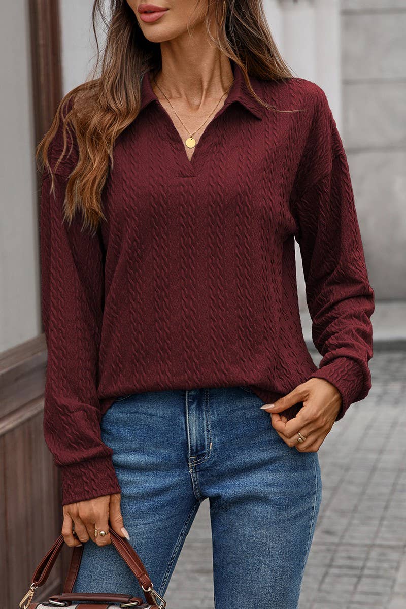 CWTBLL01307_V NECK CABLE KNIT SOLID LONG SLEEVE TEE