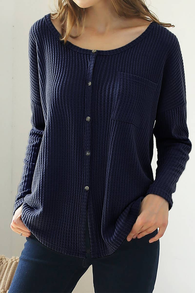 CWTSTL449-P_BUTTON BRUSHED R NECK WAFFLE TOP