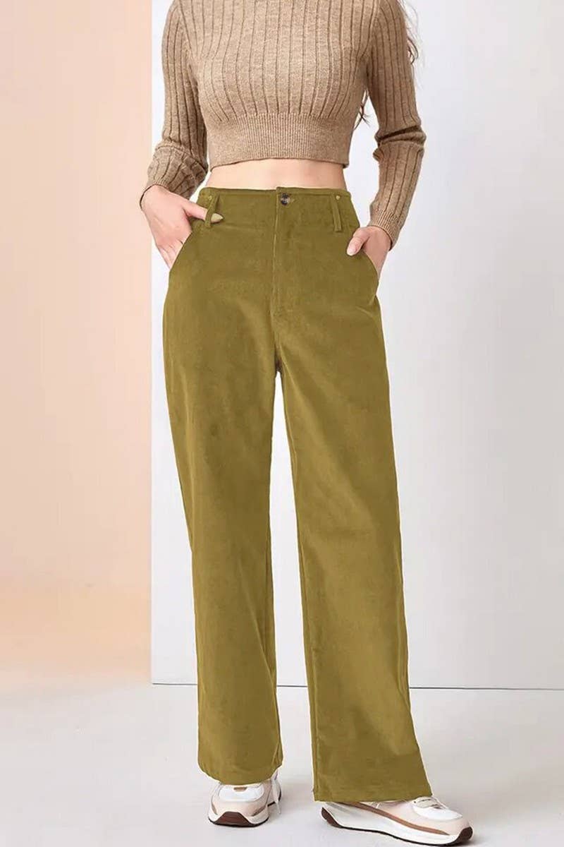 CWBLP1394_SOLID COLOR HIGH WAIST CASUAL STRAIGHT TROUSERS