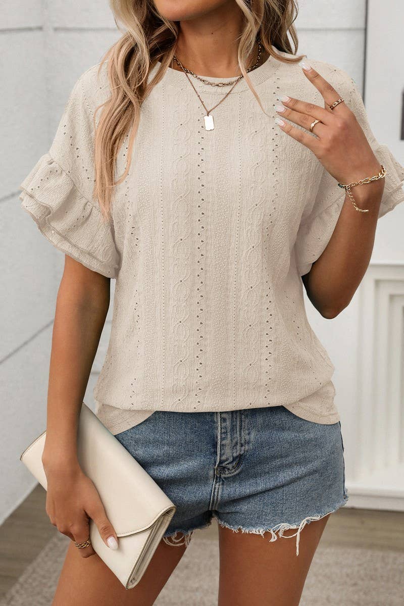 CWTBLS1719_ROUND NECK RUFFLE SLEEVE SHORT SLEEVE T-SHIRT TOP