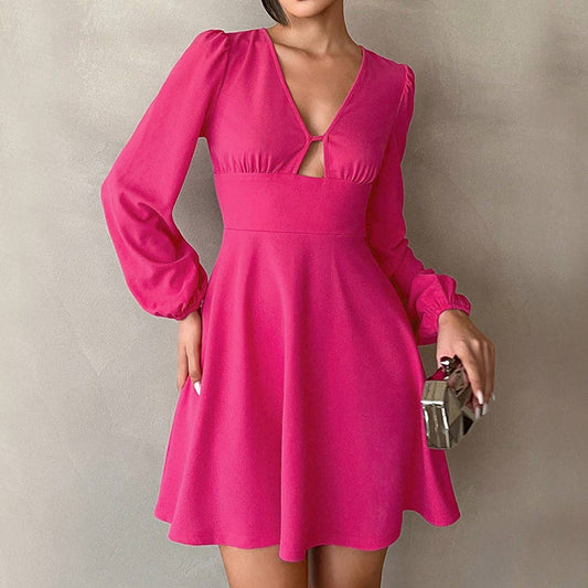 Cinched waist V-neck puffed-sleeve dress