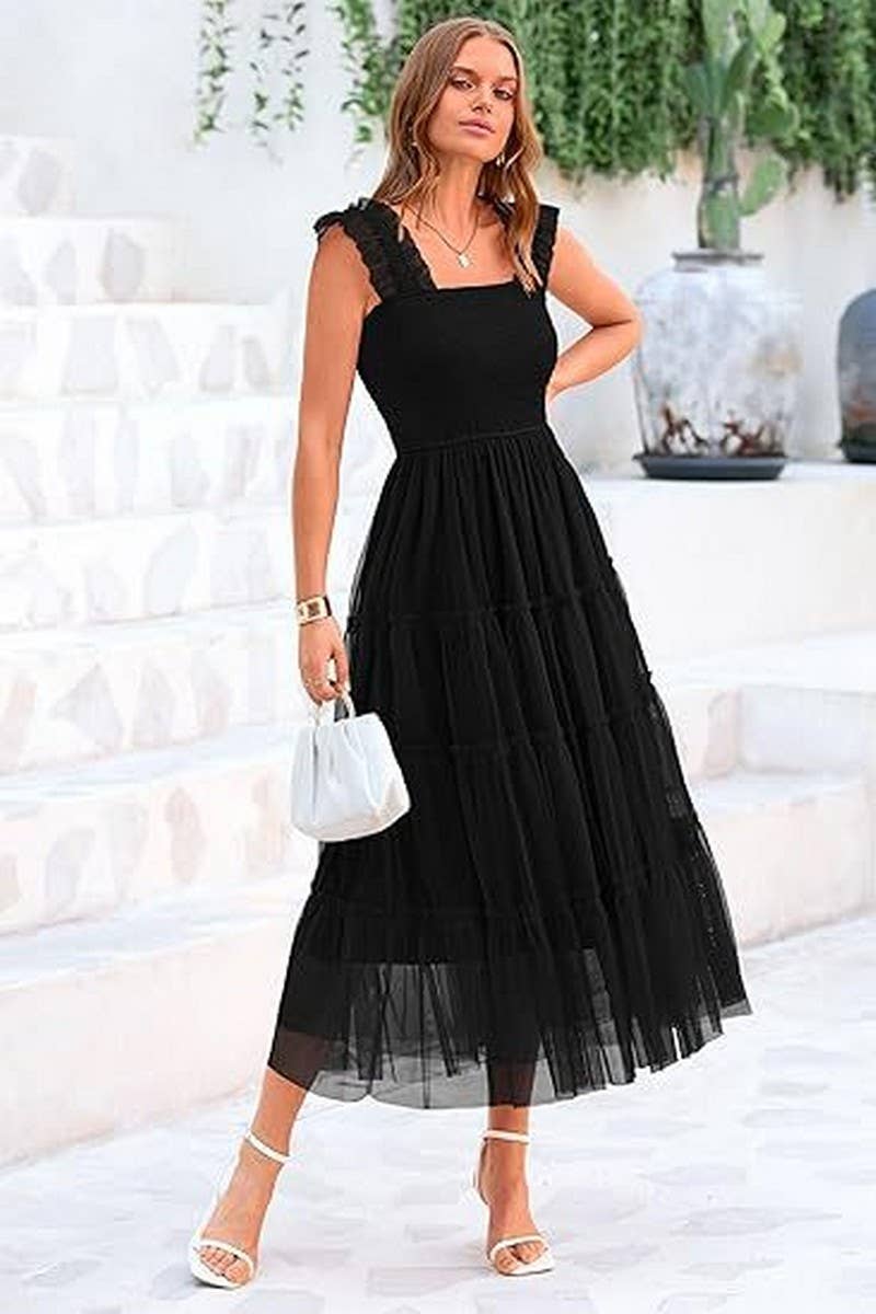 CWDHL1088_SLEEVELESS PLEATED MESH PANELED PUFFY VEST DRESS