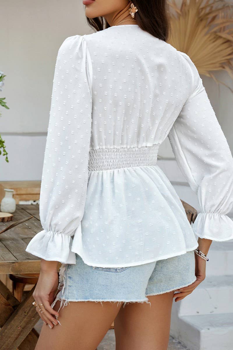 CWTBLL3592_V-NECK SOLID COLOR TIE WAIST TOP SHIRT