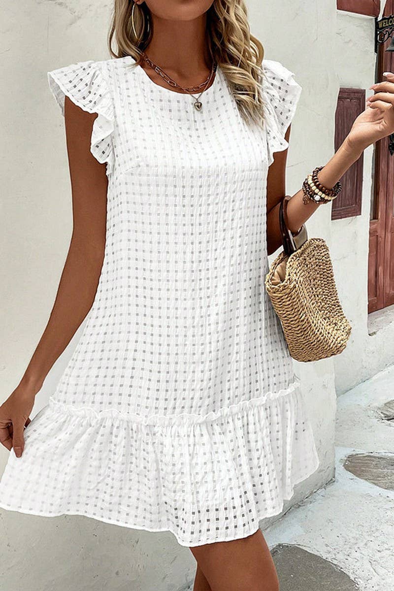 CWDSD8224_CASUAL SOLID COLOR RUFFLED SHORT-SLEEVED DRESS