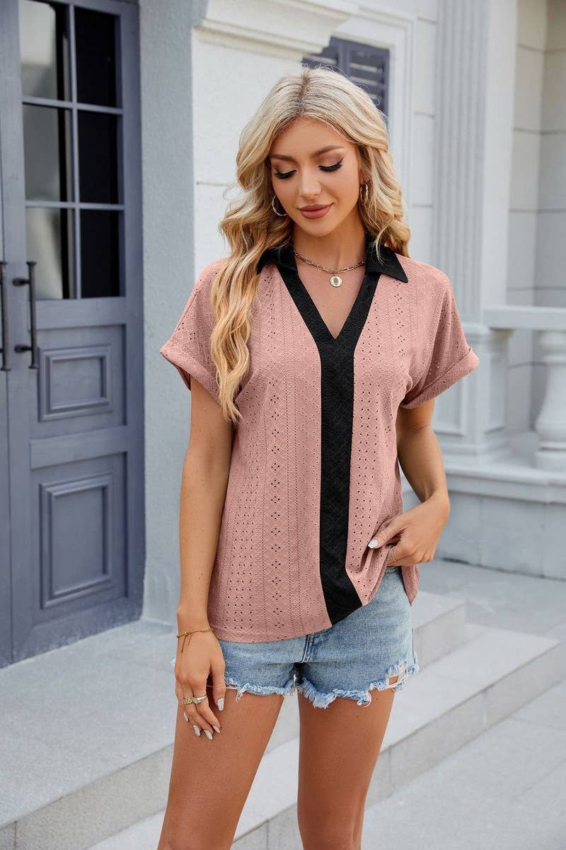 CWTTS0832_V-Neck Short Sleeve Knit Top