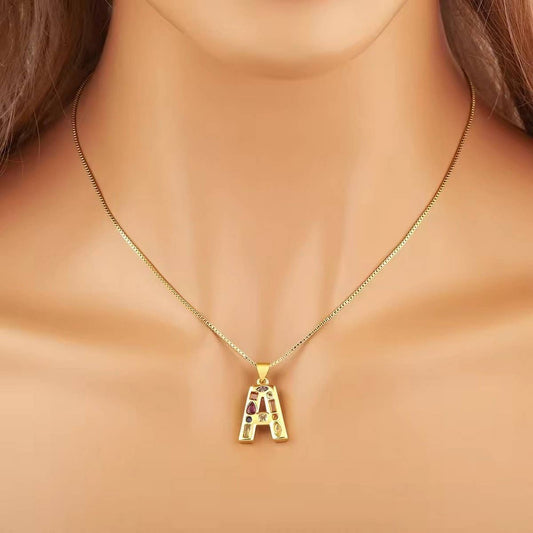 26 Letters Copper Zirconia Pendant Necklace_CWMM5873
