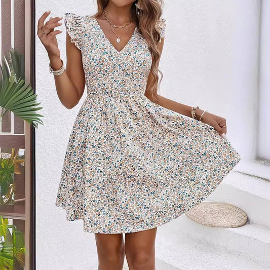 FLORAL PRINT RUFFLED SLEEVE COVERED V-NECK DRESS