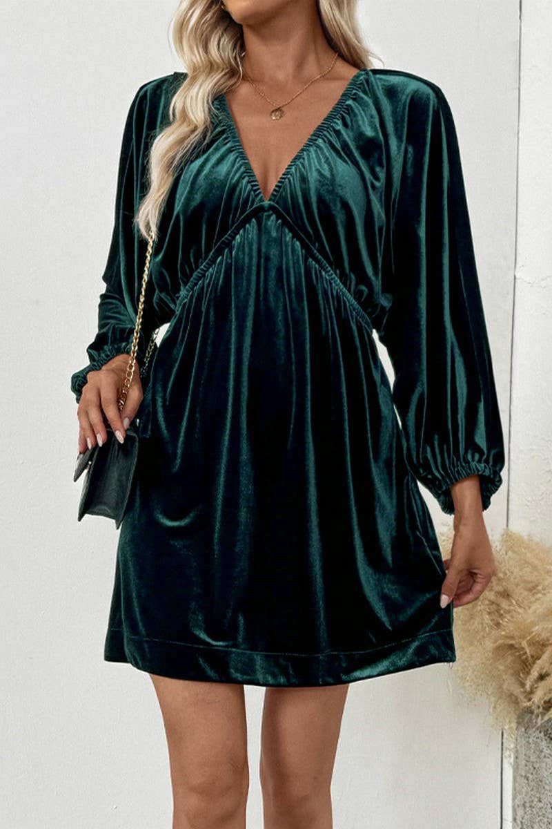 CWDSD10595_LANTERN SLEEVES SHIRRED DEEP V NECK VELVET DRESS
