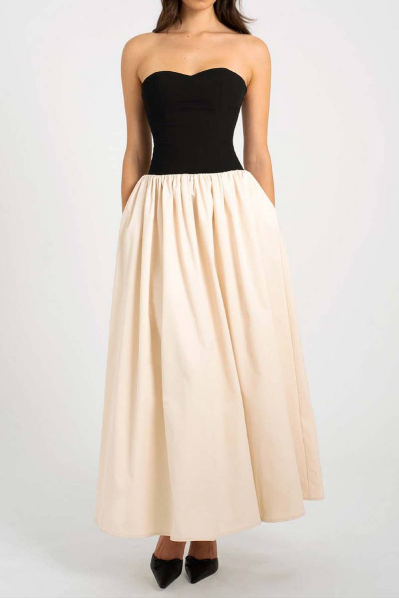 CWDMD6298_SUMMER CONTRAST COLOR TUBE TOP SLEEVELESS DRESS