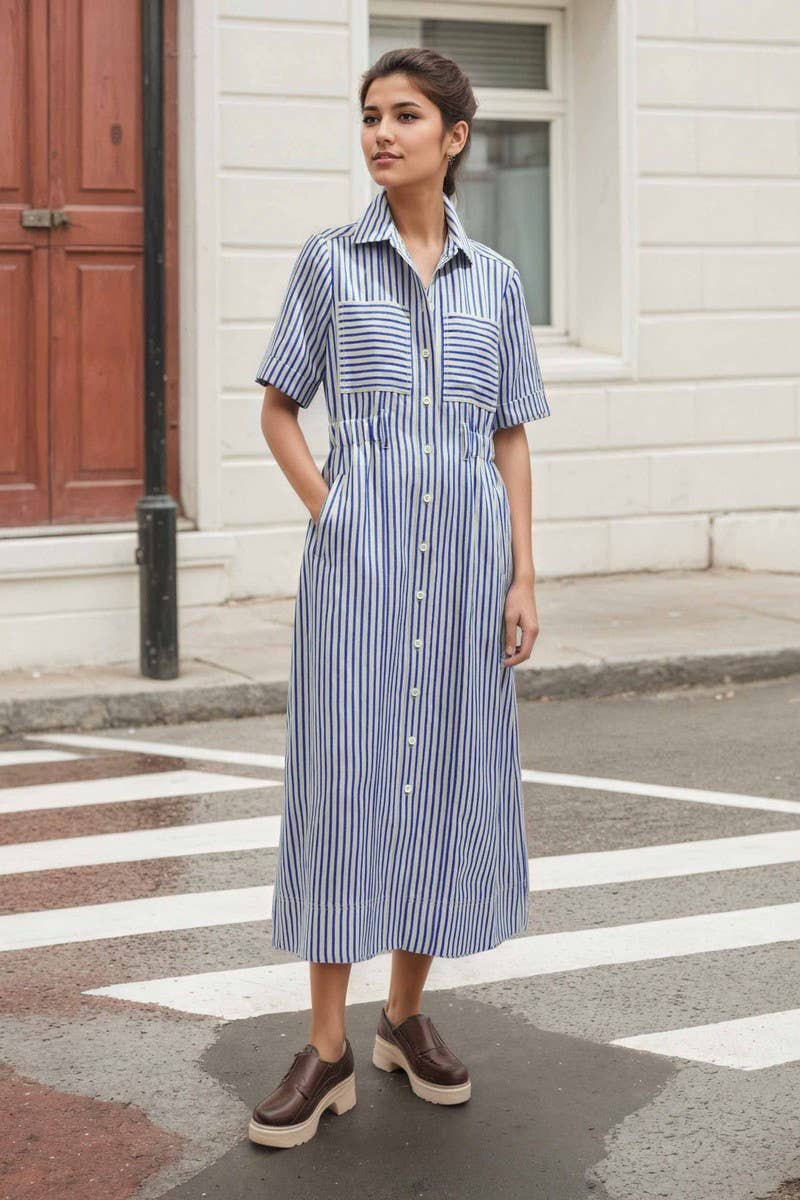 CWDMD6371_STRIPED BELTED CINCHED WAIST SHORT SLEEVE DRESS