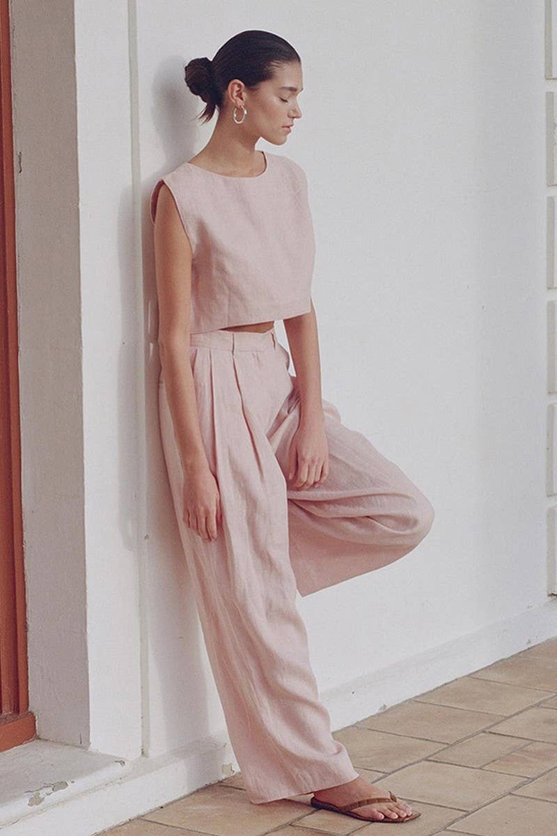 CWSTB1800_LINEN SLEEVELESS TOP & WIDE LEG PANTS SET