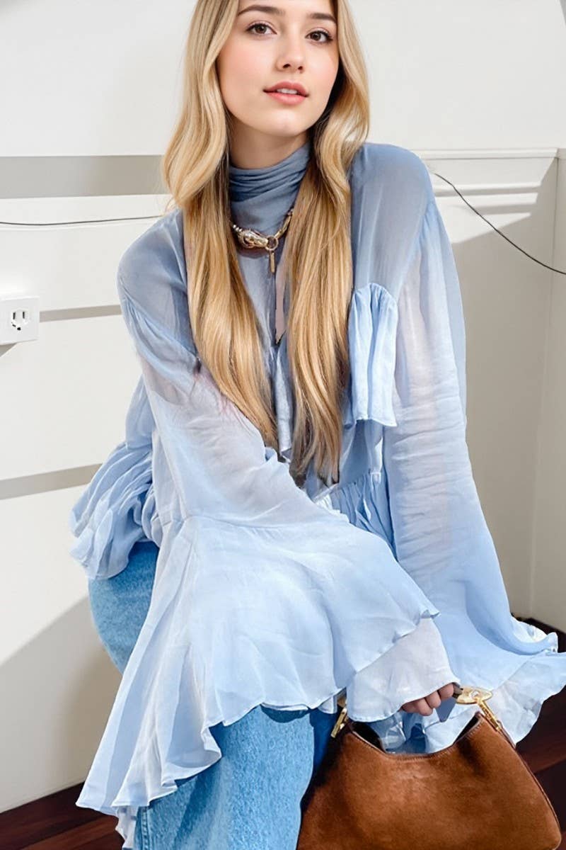 CWTBLL00604_SOLID COLOR RUFFLED ELEGANT COMMUTER SHIRT