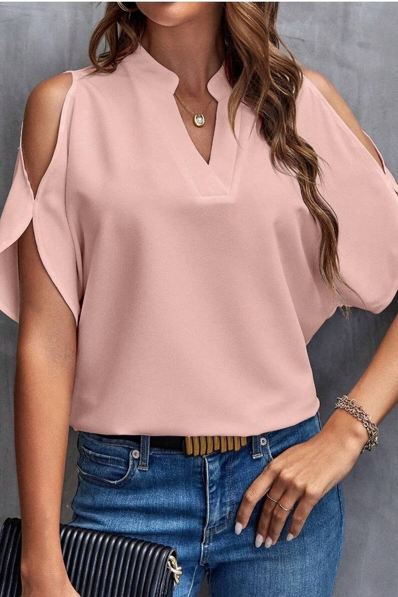 CWTBLS0609_SOLID COLOR V NECK OFF SHOULDER LOOSE CHIFFON TOP