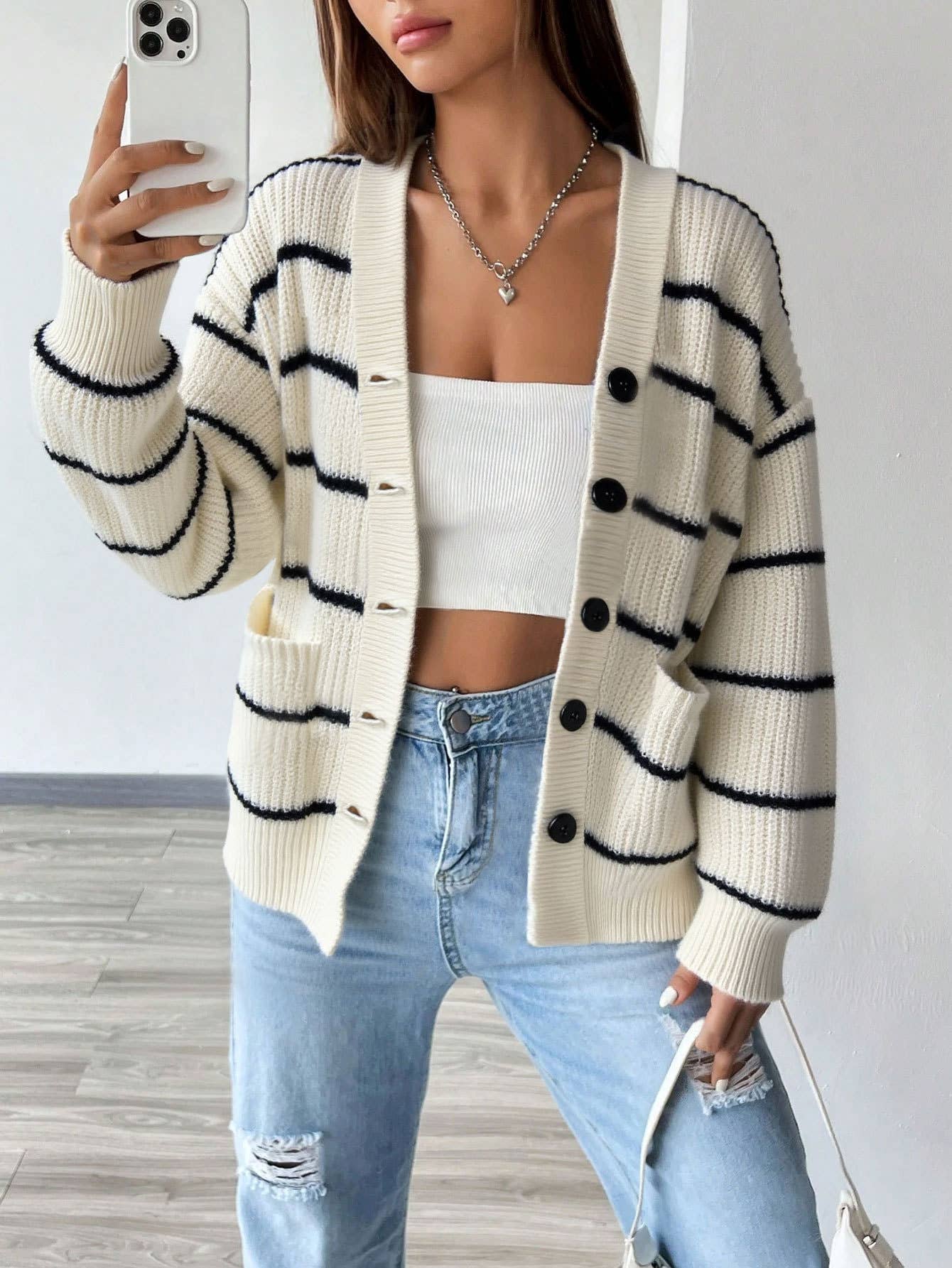 Color-blocking striped single-breasted cardigan