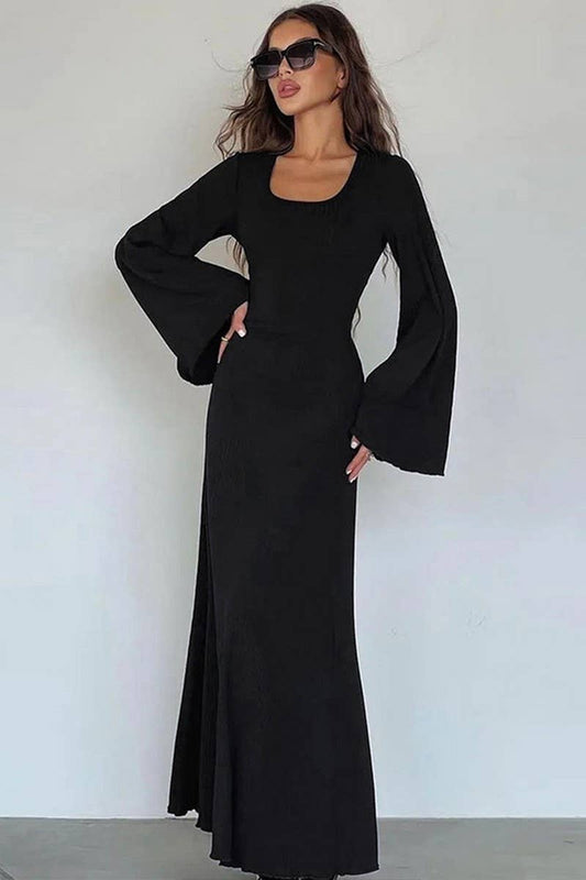 CWDMD4948_OVERSIZED TIE-DETAIL RIBBED LONG SLEEVE DRESS