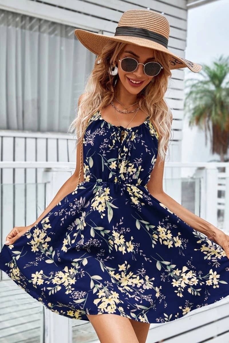 CWDHL0538_SUMMER SLEEVELESS PRINT HALTER DRESS SHORT