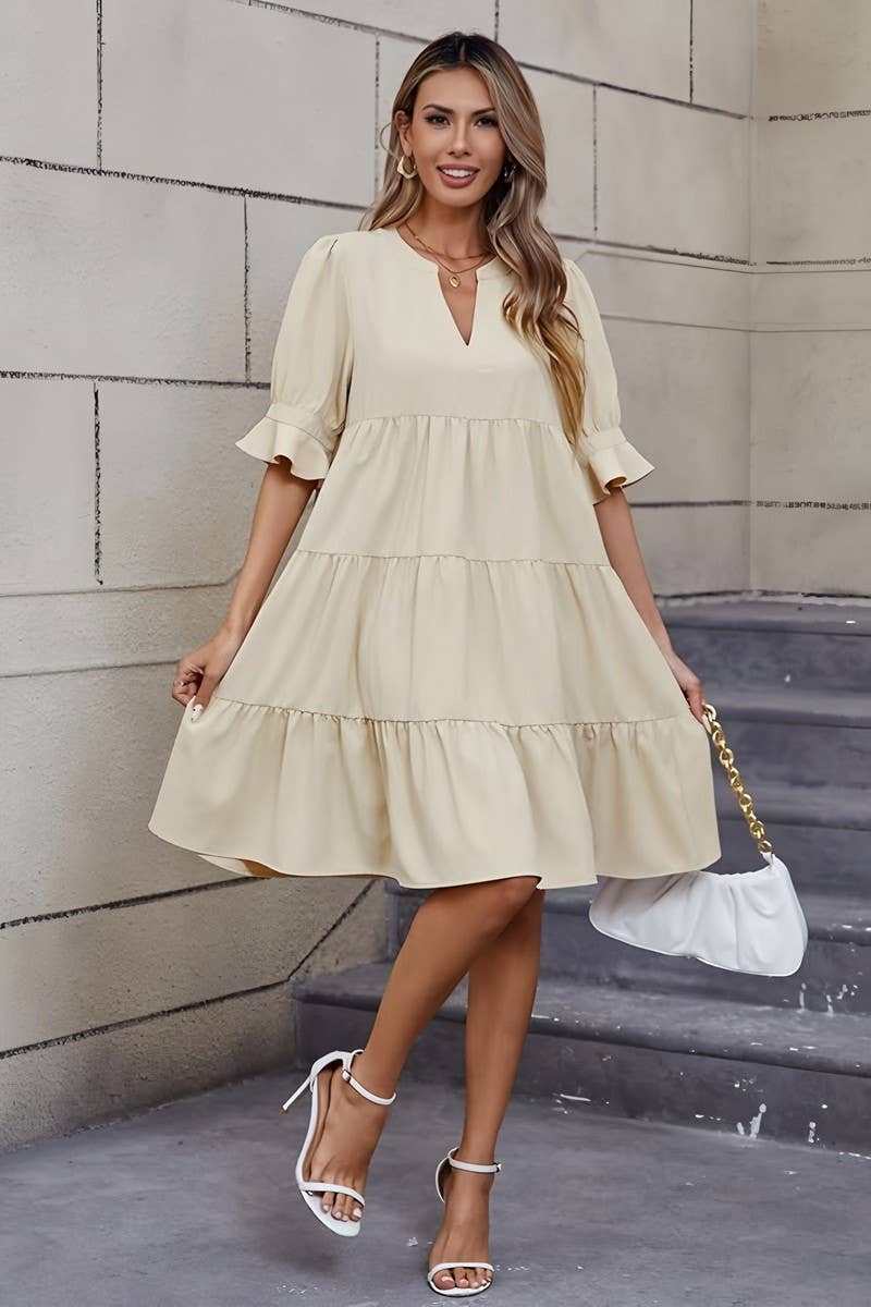 CWDSD10631_FASHIONABLE V-NECK SOLID COLOR LOOSE DRESS