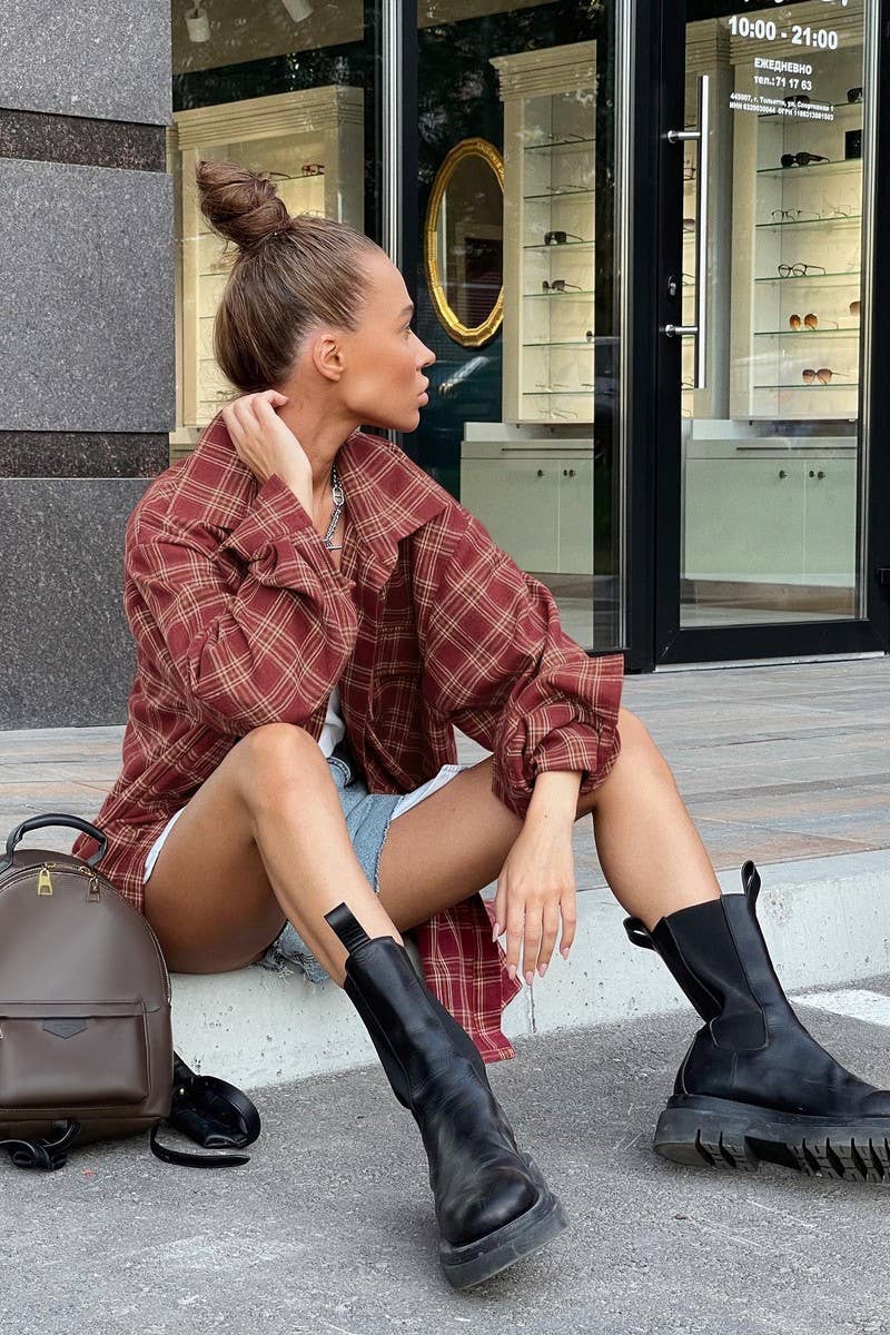 CWTBLL00607_LOOSE CASUAL RED PLAID LONG-SLEEVED SHIRT