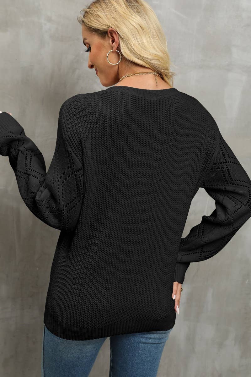 CWOSWL5181_V-NECK LACE PATCHWORK LONG-SLEEVED SWEATER