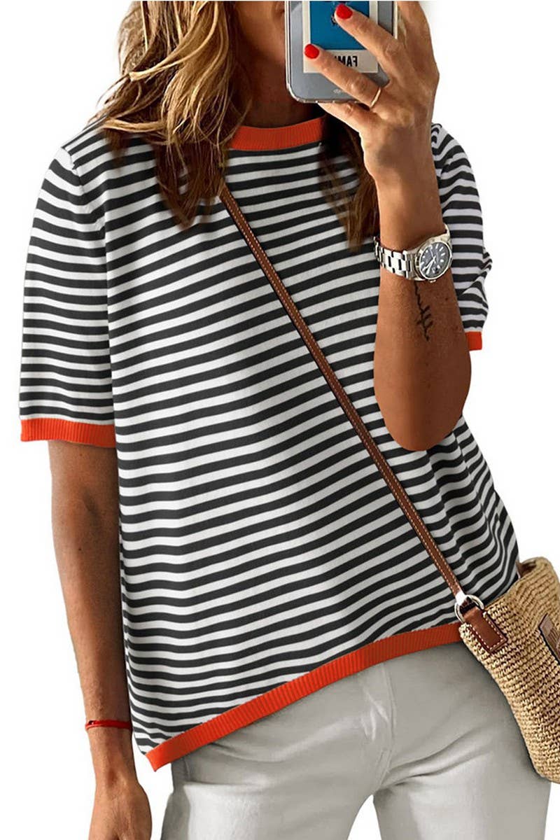 CWTTS1363_SUMMER STRIPED SHORT-SLEEVED CASUAL SWEATER