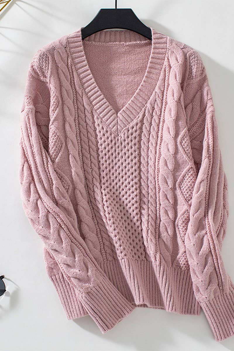 CWOSWL2813_V-NECK CABLE KNITTED PULLOVER CASUAL SWEATER