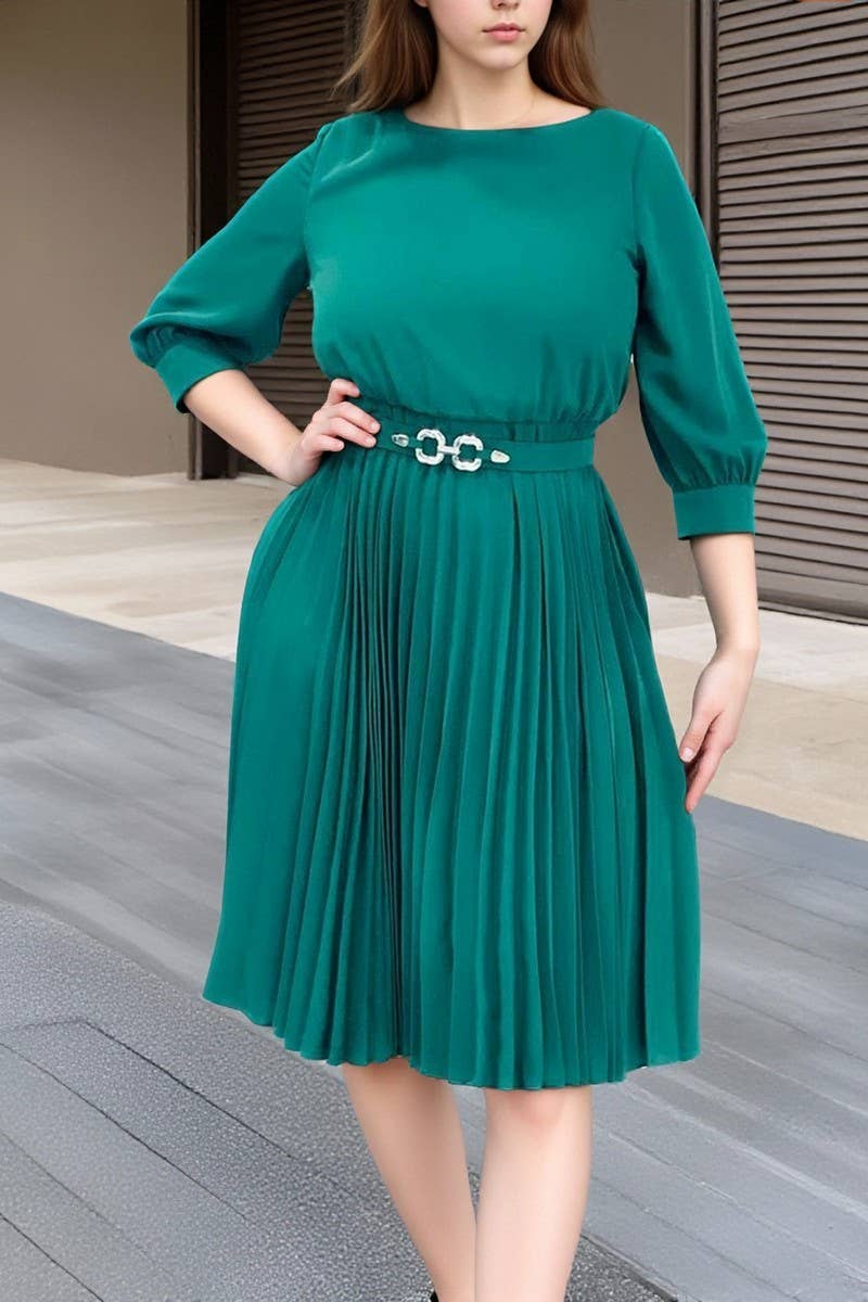 CWDMD01270_2025 ELEGANT PLEATED ROUND NECK MIDI DRESS